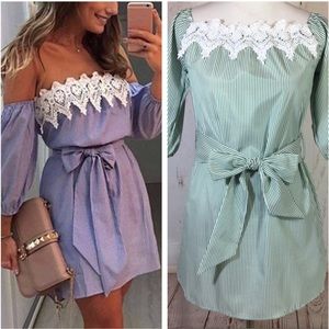 Green and White Striped off the Shoulder Dress